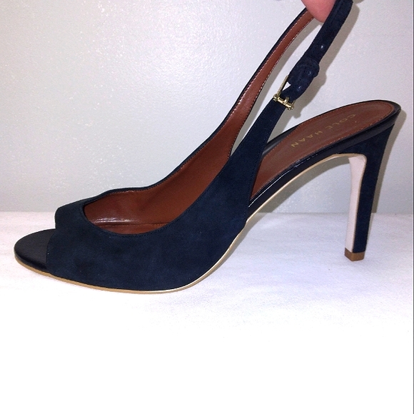NWT COLE HAAN 'Maya' Suede Peeptoe Slingback Stilettos in Midnight Blue Size 9B - Picture 11 of 11